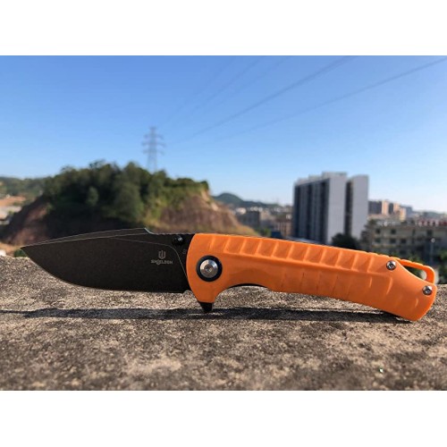 Shieldon Relicanth EDC Pocket Knife, 3.2" Stonewashed Black Titanium Coating D2 Blade Orange G10 Handle Liner Lock Folding Knife with Clip, Qualified as Outdoor Hunting Knife