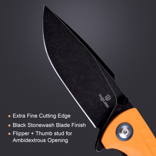Shieldon Relicanth EDC Pocket Knife, 3.2" Stonewashed Black Titanium Coating D2 Blade Orange G10 Handle Liner Lock Folding Knife with Clip, Qualified as Outdoor Hunting Knife