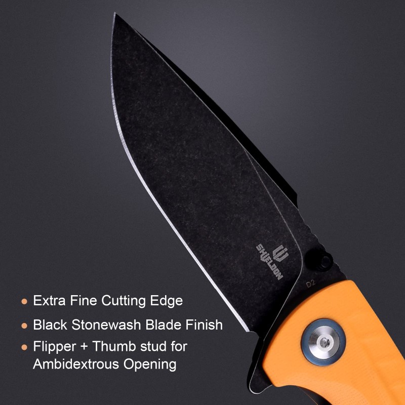Shieldon Relicanth EDC Pocket Knife, 3.2" Stonewashed Black Titanium Coating D2 Blade Orange G10 Handle Liner Lock Folding Knife with Clip, Qualified as Outdoor Hunting Knife 