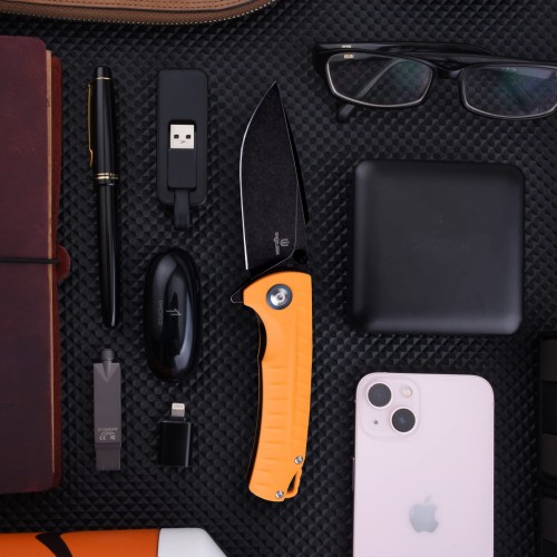 Shieldon Relicanth EDC Pocket Knife, 3.2" Stonewashed Black Titanium Coating D2 Blade Orange G10 Handle Liner Lock Folding Knife with Clip, Qualified as Outdoor Hunting Knife 