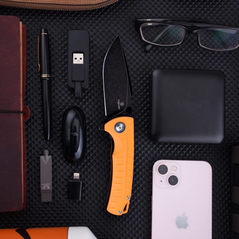 Shieldon Relicanth EDC Pocket Knife, 3.2" Stonewashed Black Titanium Coating D2 Blade Orange G10 Handle Liner Lock Folding Knife with Clip, Qualified as Outdoor Hunting Knife 