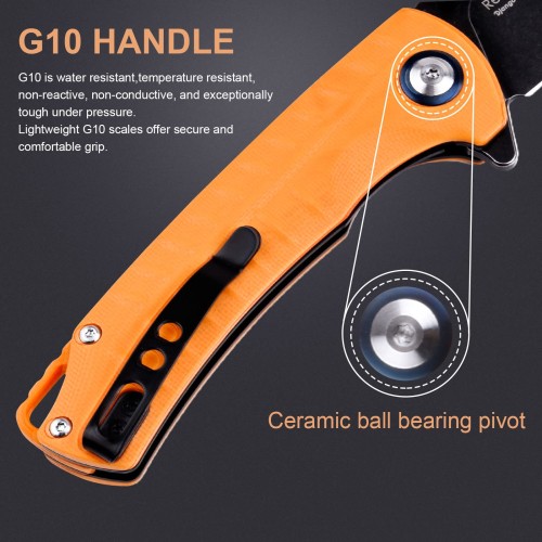 Shieldon Relicanth EDC Pocket Knife, 3.2" Stonewashed Black Titanium Coating D2 Blade Orange G10 Handle Liner Lock Folding Knife with Clip, Qualified as Outdoor Hunting Knife