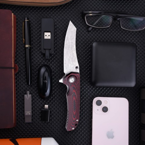Shieldon Tortank Damascus Pocket Knife, 3.6" VG10 Blade Folding Knife, Scarlet G10 Handle with Carbon Fiber Overlay Handle, Ceramic Ball Bearing Liner Lock Ourdoor Knife for Hunting