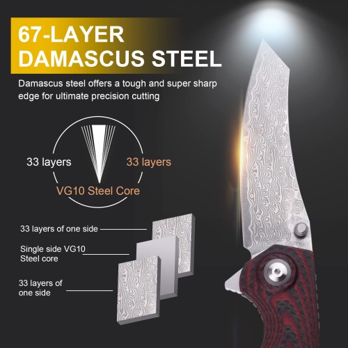 Shieldon Tortank Damascus Pocket Knife, 3.6" VG10 Blade Folding Knife, Scarlet G10 Handle with Carbon Fiber Overlay Handle, Ceramic Ball Bearing Liner Lock Ourdoor Knife for Hunting
