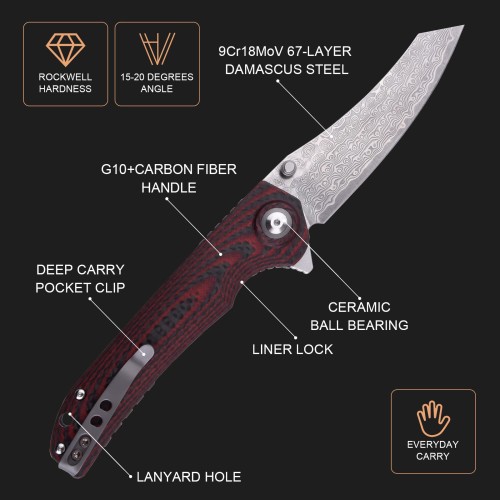Shieldon Tortank Damascus Pocket Knife, 3.6" VG10 Blade Folding Knife, Scarlet G10 Handle with Carbon Fiber Overlay Handle, Ceramic Ball Bearing Liner Lock Ourdoor Knife for Hunting
