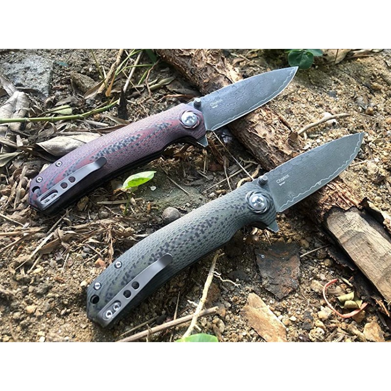 Shieldon Charkos Damascus Pocket Knife, 4.06“ VG10 Steel Blade Ball Bearing Folding Knife, Green G10 & Carbon Fiber Overlay Handle with Thumb Stud & Flipper  