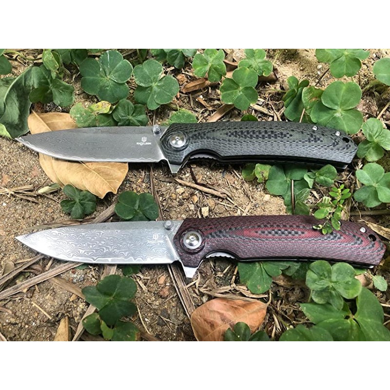Shieldon Charkos Damascus Pocket Knife, 4.06“ VG10 Steel Blade Ball Bearing Folding Knife, Green G10 & Carbon Fiber Overlay Handle with Thumb Stud & Flipper  