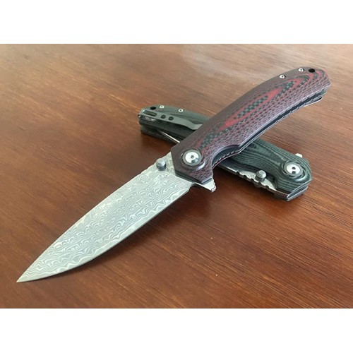 Shieldon Charkos Damascus Pocket Knife, 4.06“ VG10 Steel Blade Ball Bearing Folding Knife, Scarlet G10 & Carbon Fiber Overlay Handle with Thumb Stud & Flipper 