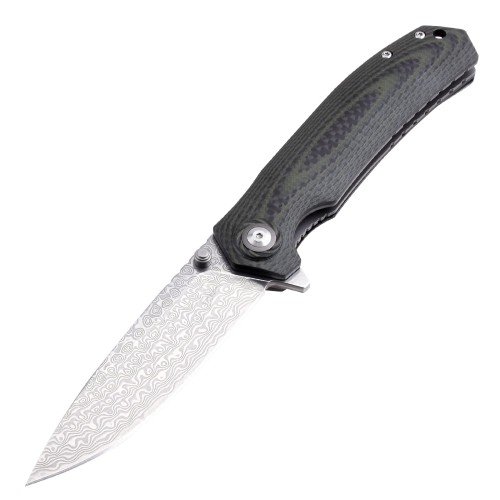 Shieldon Charkos Damascus Pocket Knife, 4.06“ VG10 Steel Blade Ball Bearing Folding Knife, Green G10 & Carbon Fiber Overlay Handle with Thumb Stud & Flipper 