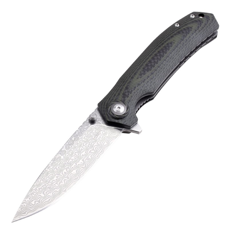 Shieldon Charkos Damascus Pocket Knife, 4.06“ VG10 Steel Blade Ball Bearing Folding Knife, Green G10 & Carbon Fiber Overlay Handle with Thumb Stud & Flipper 