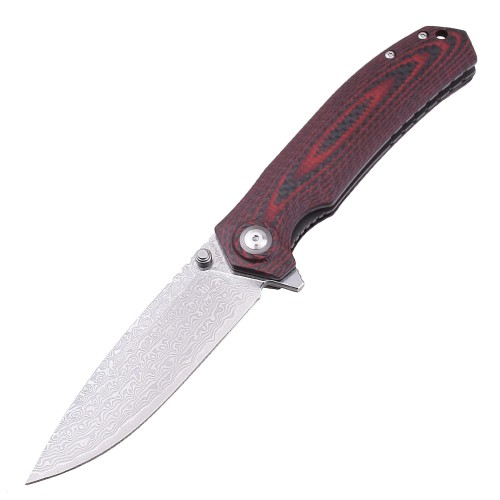 Shieldon Charkos Damascus Pocket Knife, 4.06“ VG10 Steel Blade Ball Bearing Folding Knife, Scarlet G10 & Carbon Fiber Overlay Handle with Thumb Stud & Flipper 