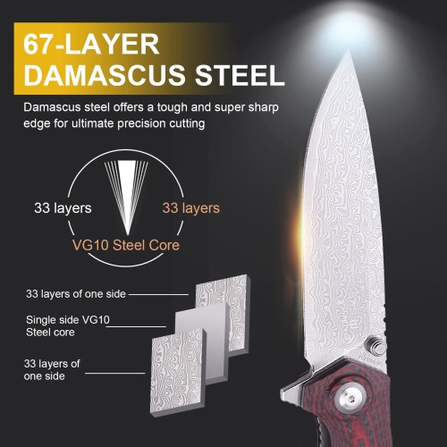 Shieldon Charkos Damascus Pocket Knife, 4.06“ VG10 Steel Blade Ball Bearing Folding Knife, Scarlet G10 & Carbon Fiber Overlay Handle with Thumb Stud & Flipper 