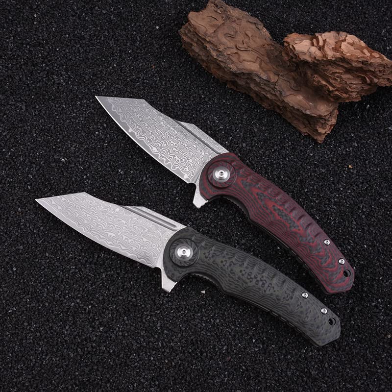 Shieldon Tranchodon Damascus Pocket Knife with Clip, 3.66" VG10 Blade Green G10 Handle with Carbon Fiber Overlay, Liner Lock Ourdoor Folding Knife for Camping 
