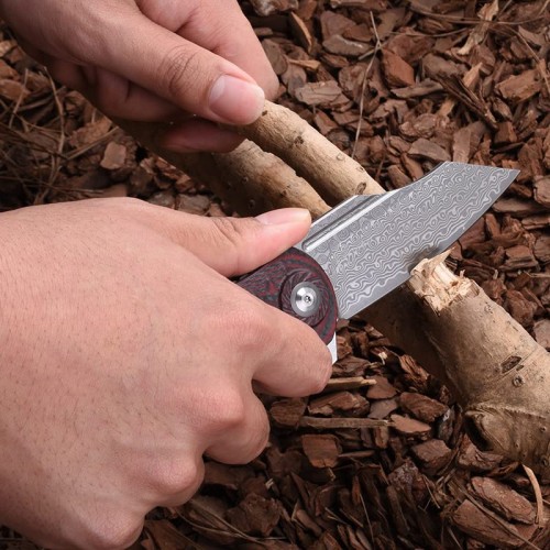 Shieldon Tranchodon Damascus Pocket Knife with Clip, 3.66" VG10 Blade Scarlet G10 Handle with Carbon Fiber Overlay, Liner Lock Ourdoor Folding Knife for Camping