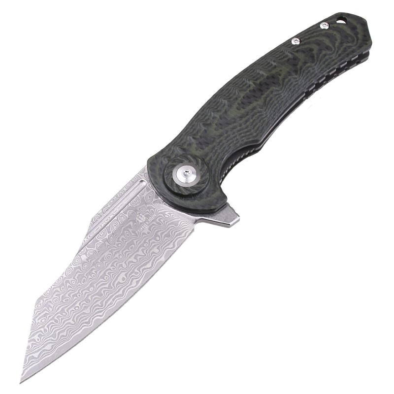 Shieldon Tranchodon Damascus Pocket Knife with Clip, 3.66" VG10 Blade Green G10 Handle with Carbon Fiber Overlay, Liner Lock Ourdoor Folding Knife for Camping