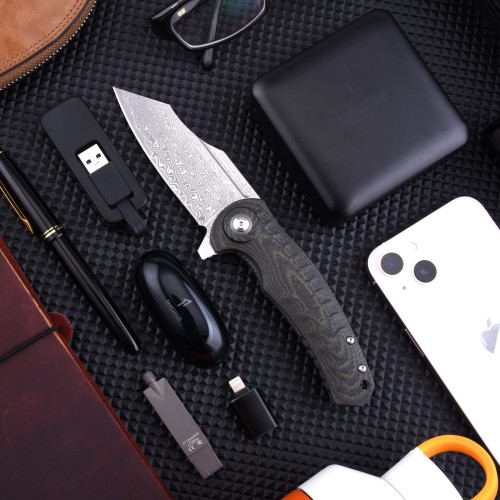 Shieldon Tranchodon Damascus Pocket Knife with Clip, 3.66" VG10 Blade Green G10 Handle with Carbon Fiber Overlay, Liner Lock Ourdoor Folding Knife for Camping