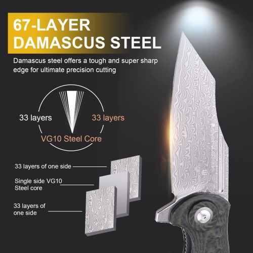 Shieldon Tranchodon Damascus Pocket Knife with Clip, 3.66" VG10 Blade Green G10 Handle with Carbon Fiber Overlay, Liner Lock Ourdoor Folding Knife for Camping