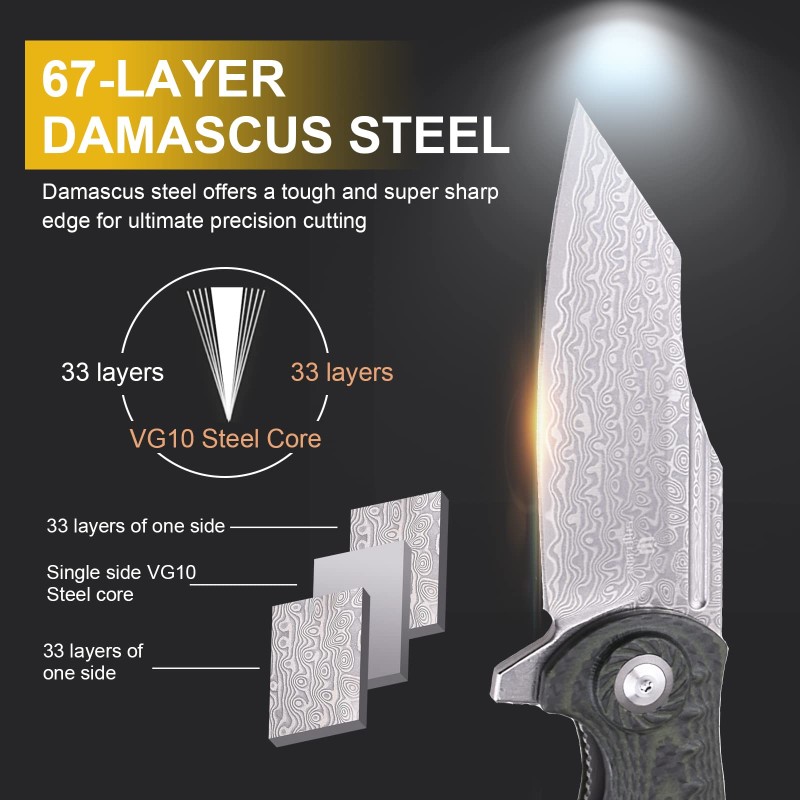 Shieldon Tranchodon Damascus Pocket Knife with Clip, 3.66" VG10 Blade Green G10 Handle with Carbon Fiber Overlay, Liner Lock Ourdoor Folding Knife for Camping 