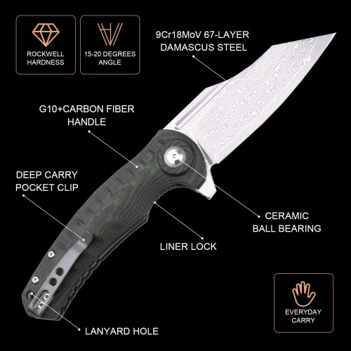 Shieldon Tranchodon Damascus Pocket Knife with Clip, 3.66" VG10 Blade Green G10 Handle with Carbon Fiber Overlay, Liner Lock Ourdoor Folding Knife for Camping