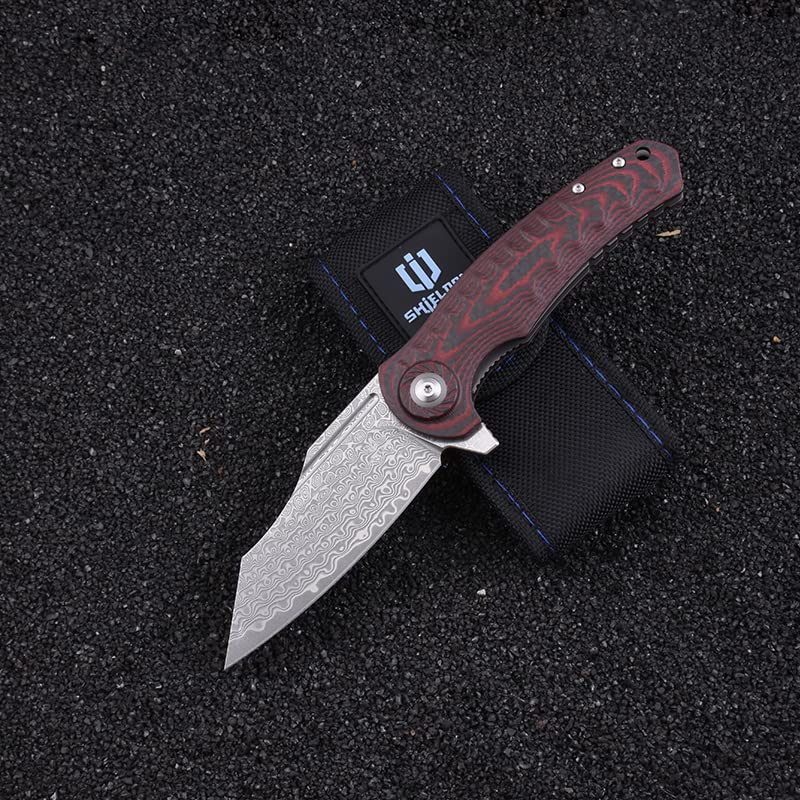 Shieldon Tranchodon Damascus Pocket Knife with Clip, 3.66" VG10 Blade Scarlet G10 Handle with Carbon Fiber Overlay, Liner Lock Ourdoor Folding Knife for Camping 