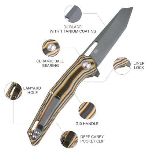 Shieldon Boa Pocket Knife, 3.82" Tanto D2 Titanium Coating Blade with G10 Handle Folding Knife, Thumb Hole and Flipper Opener, Unique Tool Gift for Everyday Carry