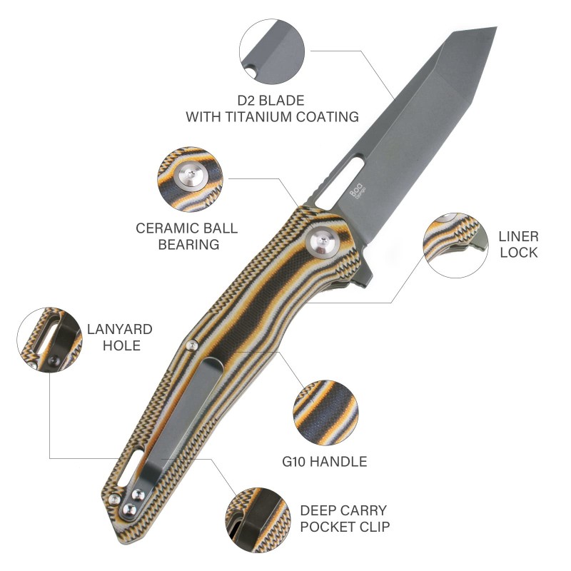 Shieldon Boa Pocket Knife, 3.82" Tanto D2 Titanium Coating Blade with G10 Handle Folding Knife, Thumb Hole and Flipper Opener, Unique Tool Gift for Everyday Carry 