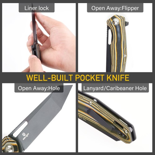 Shieldon Boa Pocket Knife, 3.82" Tanto D2 Titanium Coating Blade with G10 Handle Folding Knife, Thumb Hole and Flipper Opener, Unique Tool Gift for Everyday Carry