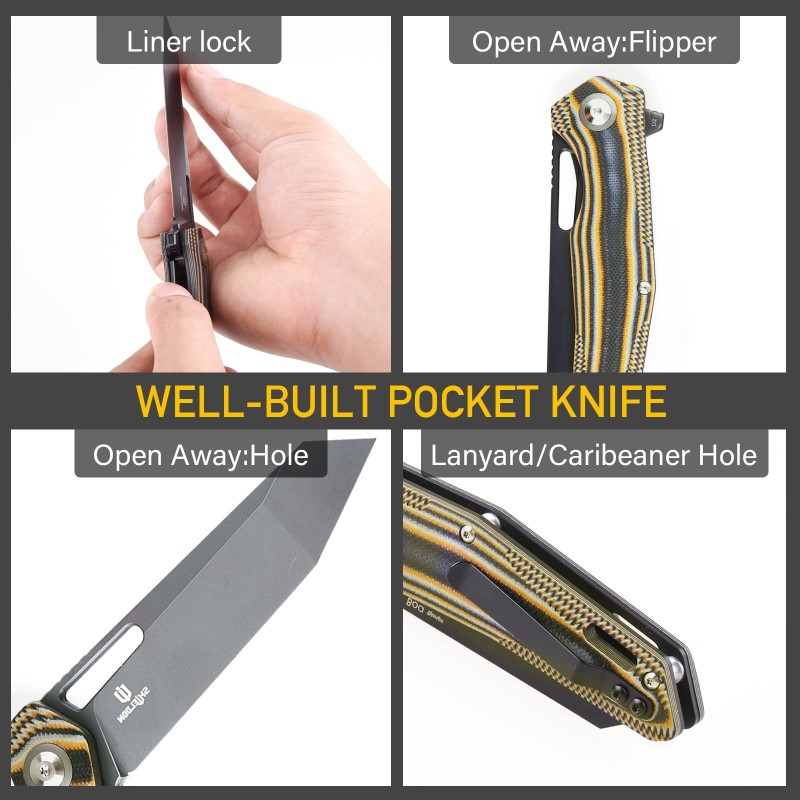 Shieldon Boa Pocket Knife, 3.82" Tanto D2 Titanium Coating Blade with G10 Handle Folding Knife, Thumb Hole and Flipper Opener, Unique Tool Gift for Everyday Carry 