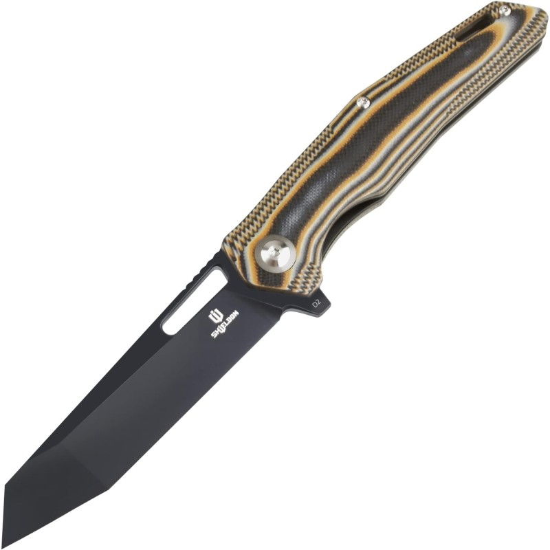 Shieldon Boa Pocket Knife, 3.82" Tanto D2 Titanium Coating Blade with G10 Handle Folding Knife, Thumb Hole and Flipper Opener, Unique Tool Gift for Everyday Carry 