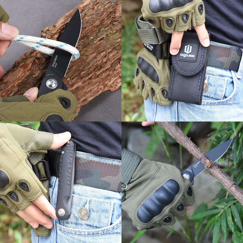 Shieldon Empoleon Pocket Knife, 3.54" Black Titanium Coating D2 Blade G10 Handle Ball Bearings Pivot Flipper Folding Knife Covert Slim EDC Knife 