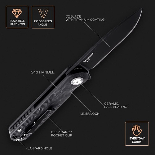Shieldon Empoleon Pocket Knife, 3.54" Black Titanium Coating D2 Blade G10 Handle Ball Bearings Pivot Flipper Folding Knife Covert Slim EDC Knife