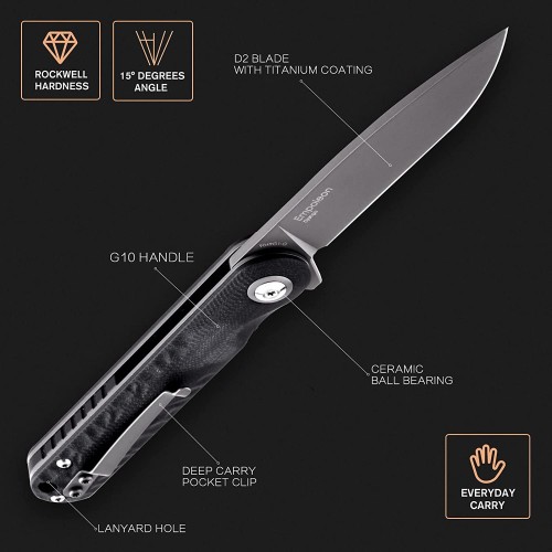 Shieldon Empoleon Pocket Knife, 3.54" Gray Titanium Coating D2 Blade G10 Handle Ball Bearings Pivot Flipper Folding Knife Covert Slim EDC Knife