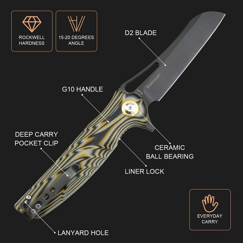 Shieldon Bazoucan EDC Pocket Knife, 3.43" Titanium Coating D2 Blade, Yellow&Black Ripple G10 Handle Liner Lock EDC Gear Knife Camping Knife Pocket Knife