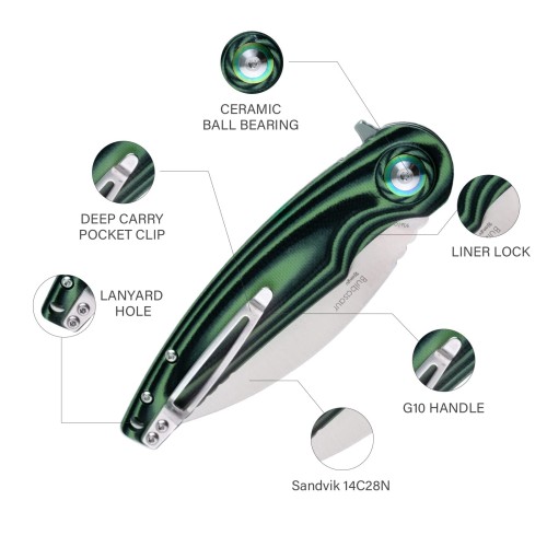 Shieldon Bulbasaur Folding Pocket Knife, Sandvik 14C28N 3.66“ Satin Finish Blade, G10 Handle EDC Gear EDC Folding Knife for Hunting & Camping