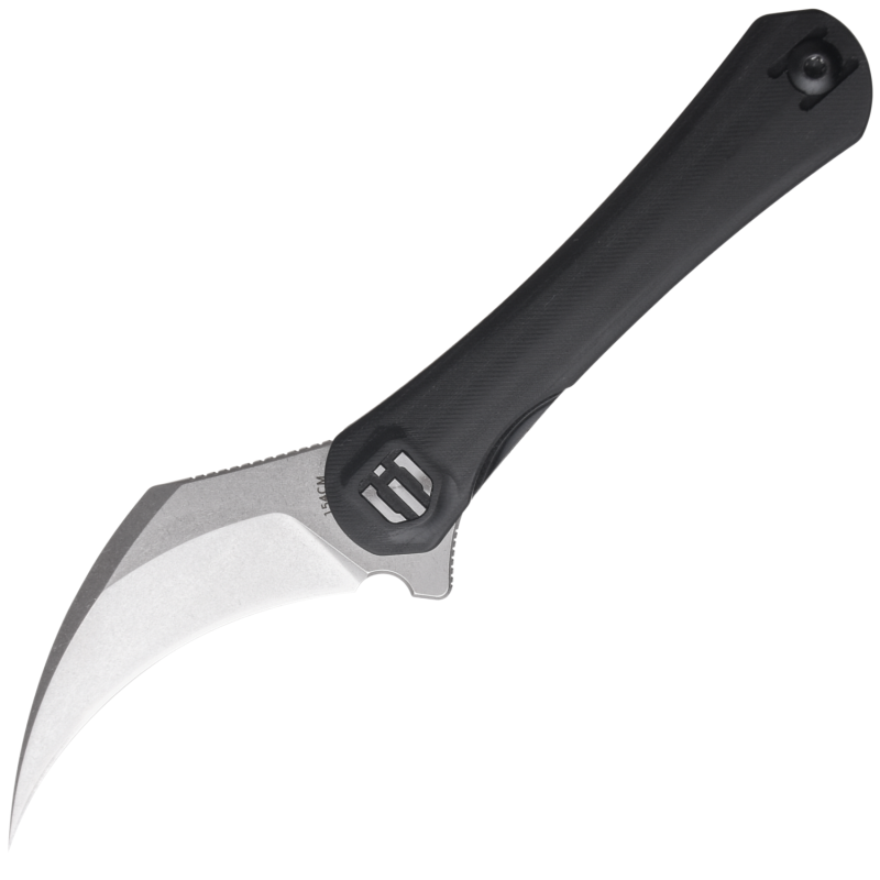 Shieldon Scythe Folding Knife 2.55" Satin Finish 154CM Steel Hawkbill Point Blade with Black G10 Handle & Reversible Wire Pocket Clip