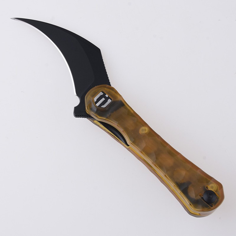 Shieldon Scythe Folding Knife 2.55" Titanium Coating 154CM Steel Hawkbill Point Blade with Amber PEI Transparent Handle & Reversible Wire Pocket Clip 