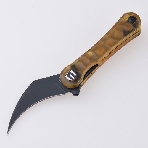 Shieldon Scythe Folding Knife 2.55" Titanium Coating 154CM Steel Hawkbill Point Blade with Amber PEI Transparent Handle & Reversible Wire Pocket Clip