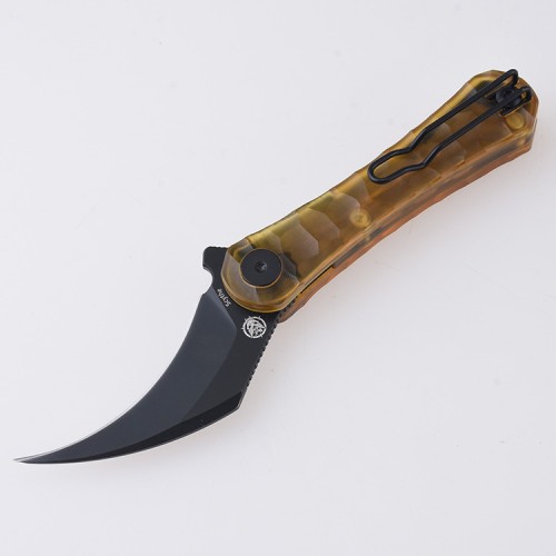 Shieldon Scythe Folding Knife 2.55" Titanium Coating 154CM Steel Hawkbill Point Blade with Amber PEI Transparent Handle & Reversible Wire Pocket Clip