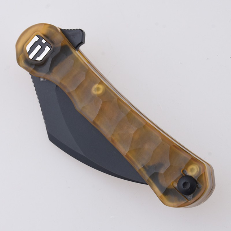 Shieldon Scythe Folding Knife 2.55" Titanium Coating 154CM Steel Hawkbill Point Blade with Amber PEI Transparent Handle & Reversible Wire Pocket Clip 