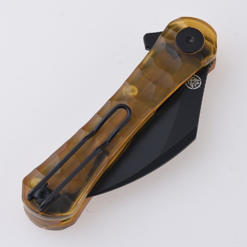 Shieldon Scythe Folding Knife 2.55" Titanium Coating 154CM Steel Hawkbill Point Blade with Amber PEI Transparent Handle & Reversible Wire Pocket Clip