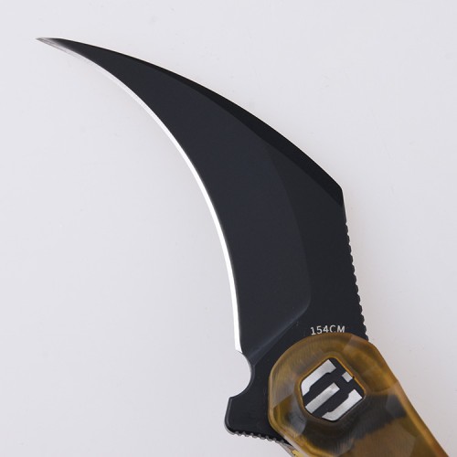 Shieldon Scythe Folding Knife 2.55" Titanium Coating 154CM Steel Hawkbill Point Blade with Amber PEI Transparent Handle & Reversible Wire Pocket Clip