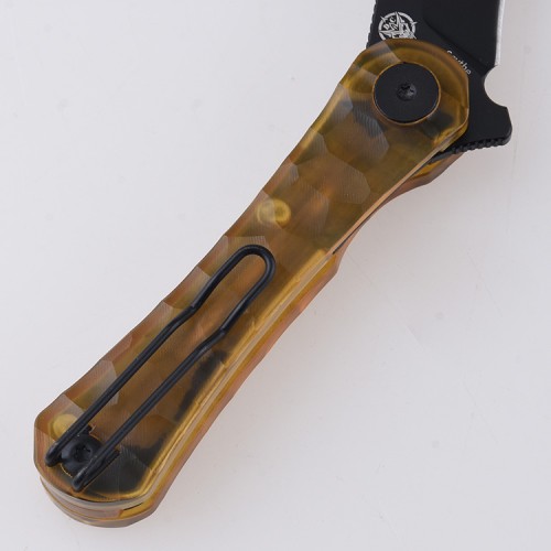 Shieldon Scythe Folding Knife 2.55" Titanium Coating 154CM Steel Hawkbill Point Blade with Amber PEI Transparent Handle & Reversible Wire Pocket Clip