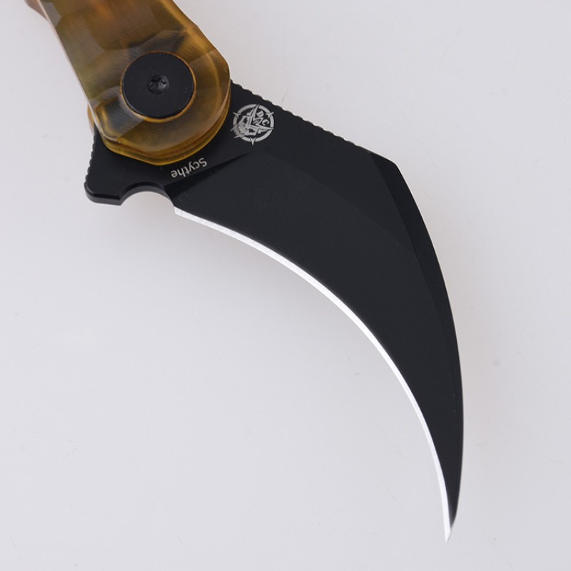 Shieldon Scythe Folding Knife 2.55" Titanium Coating 154CM Steel Hawkbill Point Blade with Amber PEI Transparent Handle & Reversible Wire Pocket Clip 