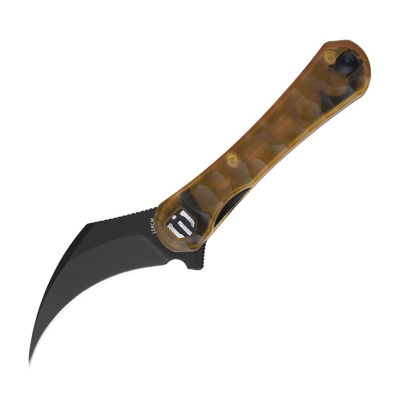 Shieldon Scythe Folding Knife 2.55" Titanium Coating 154CM Steel Hawkbill Point Blade with Amber PEI Transparent Handle & Reversible Wire Pocket Clip