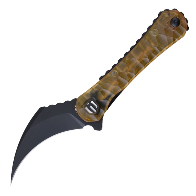 Shieldon Scythe(XL) Folding Knife 2.92" Titanium Coating 154CM Steel Hawkbill Point Blade with Amber PEI Transparent Handle & Reversible Wire Pocket Clip