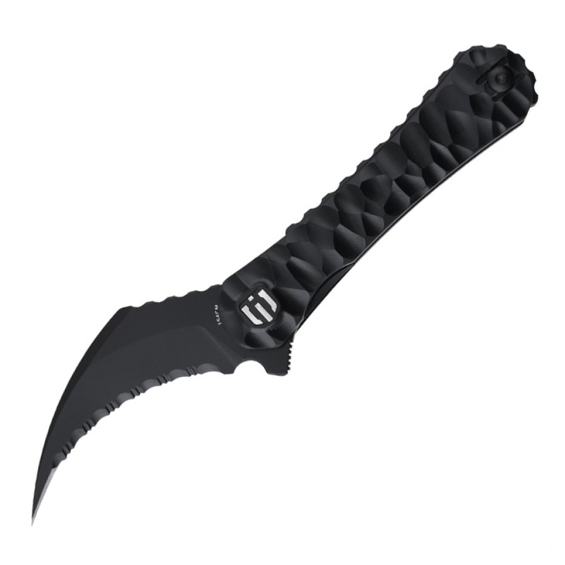 Shieldon Scythe(XL) Folding Knife 2.92" Titanium Coating 154CM Steel Hawkbill Point Partly Serrated Blade with Black PEI Handle & Reversible Wire Pocket Clip