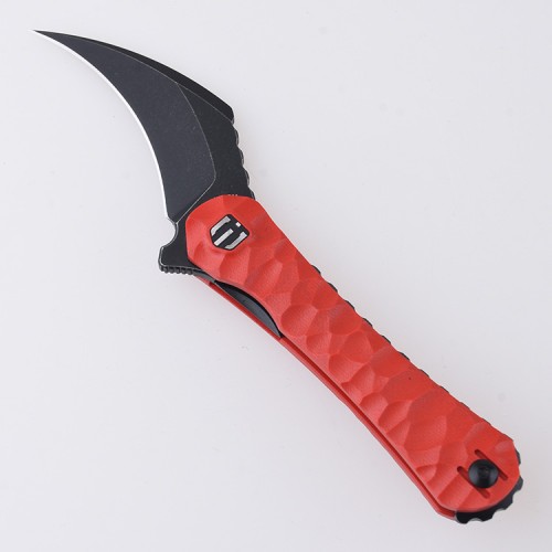 Shieldon Scythe(XL) Folding Knife 2.92" Titanium Coating 154CM Steel Hawkbill Point Blade with Red G10 Handle & Reversible Wire Pocket Clip