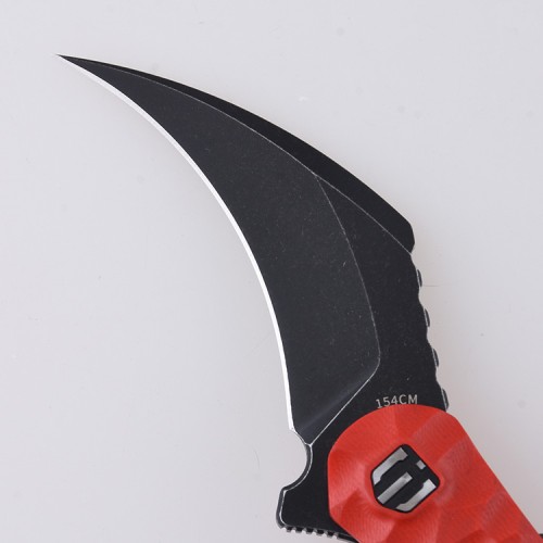 Shieldon Scythe(XL) Folding Knife 2.92" Titanium Coating 154CM Steel Hawkbill Point Blade with Red G10 Handle & Reversible Wire Pocket Clip