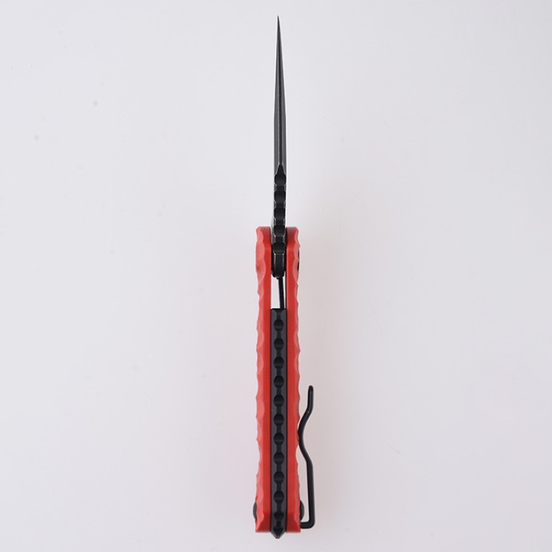 Shieldon Scythe(XL) Folding Knife 2.92" Titanium Coating 154CM Steel Hawkbill Point Blade with Red G10 Handle & Reversible Wire Pocket Clip 