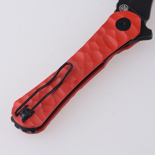 Shieldon Scythe(XL) Folding Knife 2.92" Titanium Coating 154CM Steel Hawkbill Point Blade with Red G10 Handle & Reversible Wire Pocket Clip